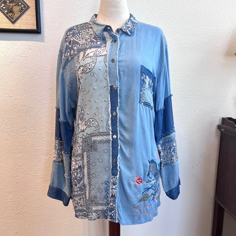 Johnny Was Oversized Embroidered Patchwork Shirt … - image 1
